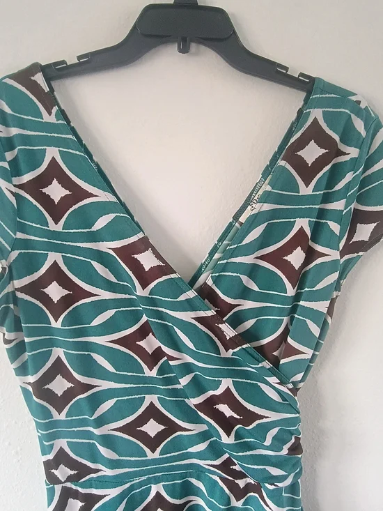 GBY Wrap Dress Size 14 Green Brown Geometric Stretch Faux Wrap USA Made - Picture 3 of 11